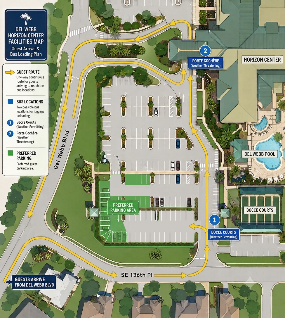 Del Webb Horizon Center facilities map showing the guest arrival route from Del Webb Blvd, preferred parking area, and the two possible bus loading locations at the Bocce Courts and Porte Cochère